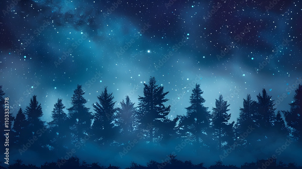 Fototapeta premium Starry Night Sky Above Silhouetted Pine Forest