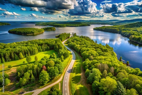 Aerial View of an Old Dirt Road Winding Through the Scenic Quabbin Reservoir in New Salem, Massachusetts Surrounded by Lush Greenery and Serene Water Bodies photo