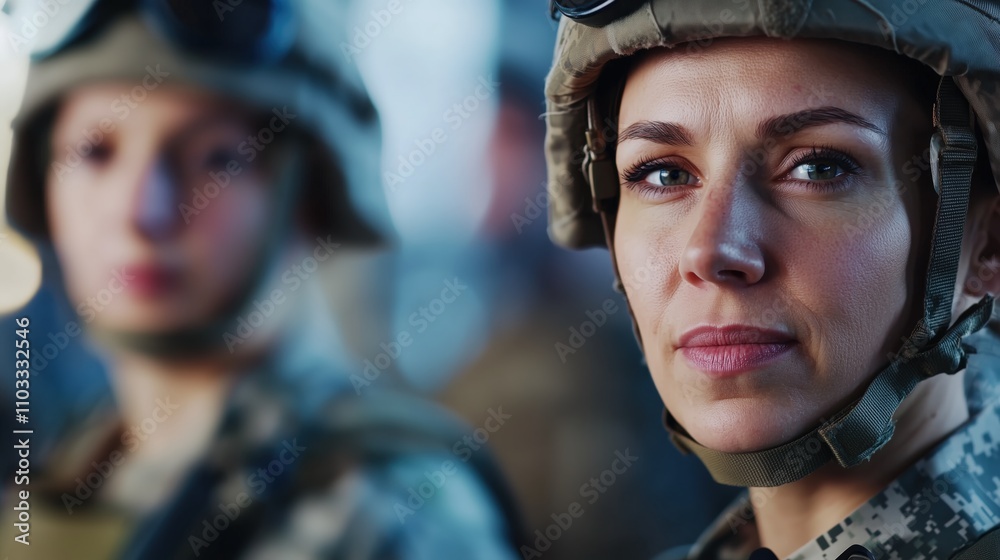 A portrait of a female soldier wearing a helmet and uniform, showcasing a strong and composed expression, with another soldier partially visible in a blurred background A portrait of a female soldier wearing a helmet and uniform, showcasing a strong and composed expression, with another soldier partially visible in a blurred background