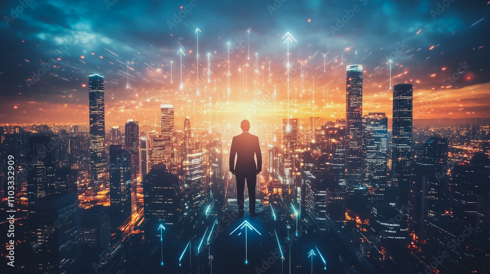Abstract business man stands on the peak of success amid tall, innovative Smart city and graphs with statistics to analyze business potential and predict future developments in company growth.
Abstract business man stands on the peak of success amid tall, innovative Smart city and graphs with statistics to analyze business potential and predict future developments in company growth.