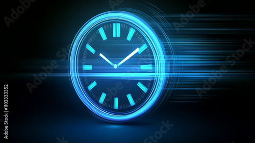 A futuristic digital clock light effect. A glowing silhouette of a clock representing time, Ai