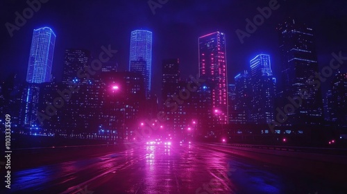 Neon-lit cityscape, wet road, nighttime traffic.