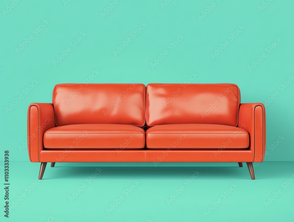 Fototapeta premium Modern orange leather sofa on teal background