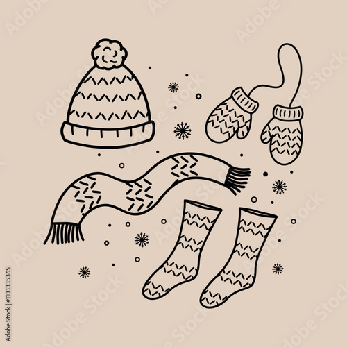 A vector set of winter clothes consisting of a knitted beanie hat, scarf, mittens, socks. Black and white drawings with contour lines and patterns. Design elements of cliparts for winter clothes. Fash