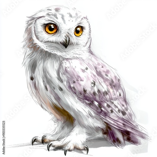 A cute, cartoon-style owl with white feathers and striking yellow eyes, perched gracefully, showcasing a whimsical design.
