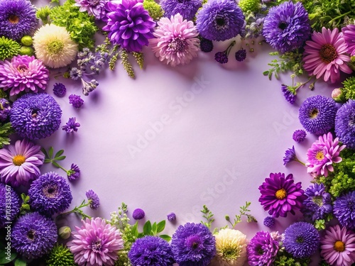 Aerial View of a Stunning Violet Bouquet Frame Surrounding a Blank Canvas Space Against an Abstract Background for Artistic Creations and Design Projects