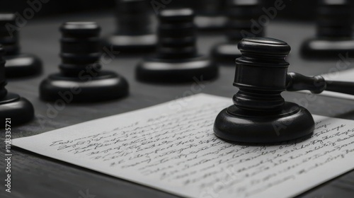 A gavel rests on a legal document, symbolizing justice, law, and the judicial process, against a backdrop of blurred additional gavels.