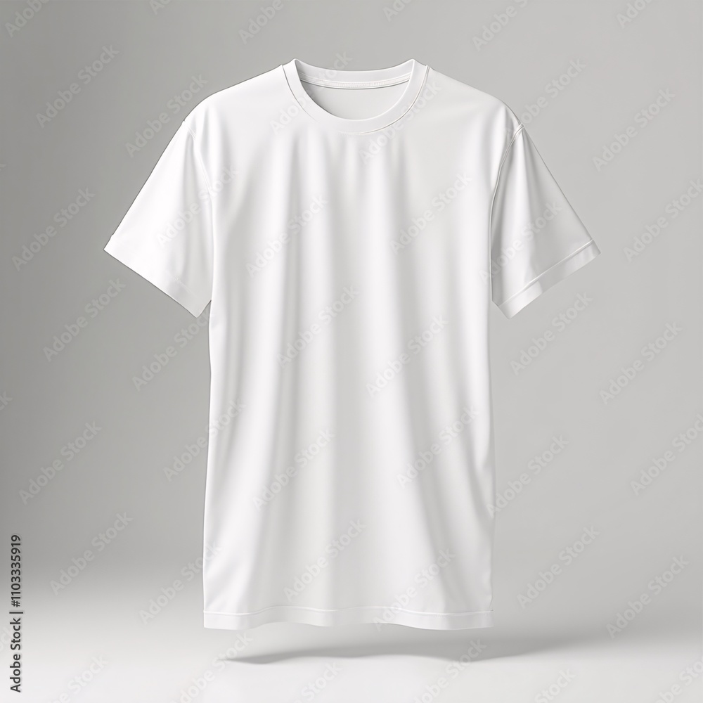 Plain white t-shirt, made of soft fabric with thick round collar, displayed on a flat surface in studio lighting. Suitable for mockup design Plain white t-shirt, made of soft fabric with thick round collar, displayed on a flat surface in studio lighting. Suitable for mockup design
