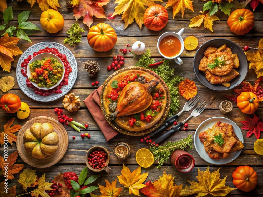 Aerial View of a Thanksgiving Feast in Autumn, Featuring a Bountiful Table with Seasonal Décor, Colorful Leaves, and Delicious Traditional Dishes for Family Celebration Aerial View of a Thanksgiving Feast in Autumn, Featuring a Bountiful Table with Seasonal Décor, Colorful Leaves, and Delicious Traditional Dishes for Family Celebration