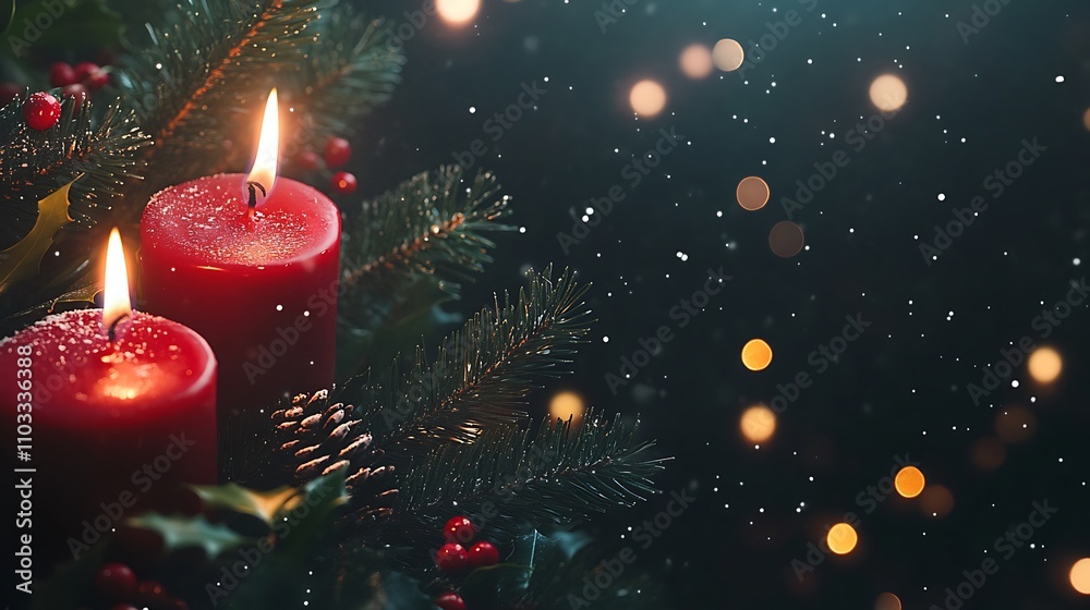 Golden holiday magic with glowing red candles pine sprigs holly leaves and shimmering Christmas lights in a cozy festive setting