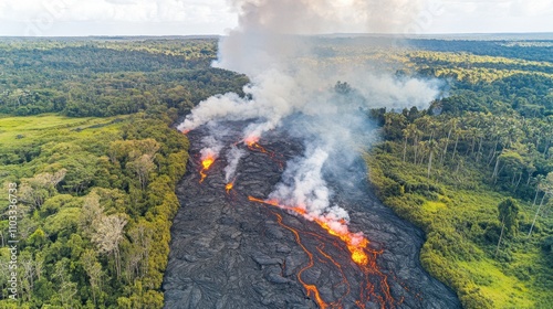 Overhead view of a massive volcanic eruption aftermath, lava flows, ash-covered lands, and smoldering craters amidst devastated vegetation. photo