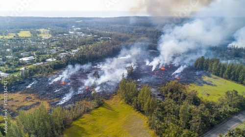 Overhead view of a massive volcanic eruption aftermath, lava flows, ash-covered lands, and smoldering craters amidst devastated vegetation. photo