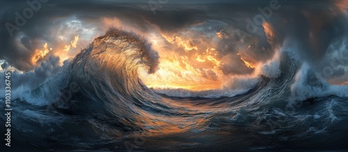 Dramatic Ocean Waves at Sunset with Fiery Sky and Stormy Clouds Capturing the Power and Beauty of Nature in a Panoramic View