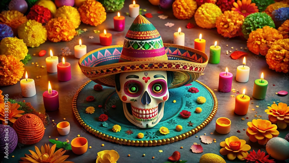 Naklejka premium Aerial View of a Vibrant Cartoon Sugar Skull with Sombrero in a Festive Atmosphere, Celebrating Dia de los Muertos with Colorful Decorations and Cultural Elements