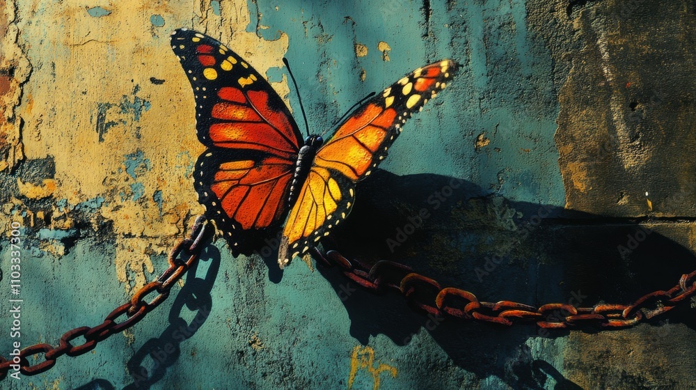 Chained butterfly painted on weathered wall. Chained butterfly painted on weathered wall.
