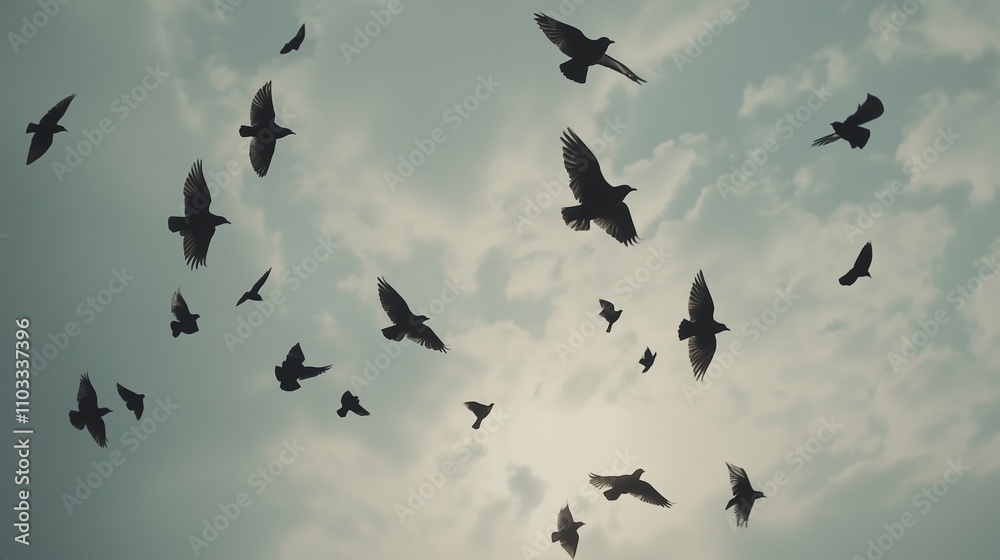 Fototapeta premium Flock of birds soaring against the cloudy sky during the late afternoon, capturing a moment of freedom and movement