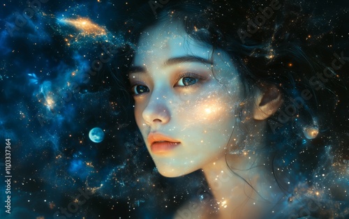 A stunning Asian woman, surrounded by celestial bodies, portrayed in a dreamy.