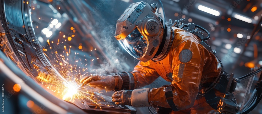 Astronaut in Orange Spacesuit Welding Inside a Futuristic Spacecraft with Sparks Flying in a High-Tech Environment