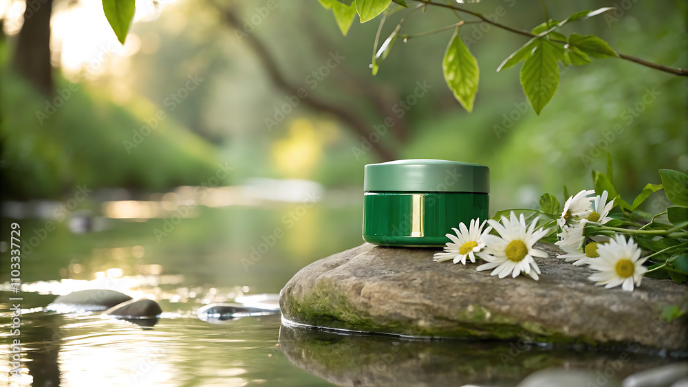 Naklejka premium Green cosmetic jar surrounded by chamomile flowers on a stone near a gentle stream in a lush forest. The natural lighting highlights the eco-friendly and organic beauty concept.