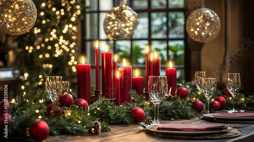 Charming holiday scene featuring red candles on a decorative table with shimmering ornaments green garlands and a festive light display photo