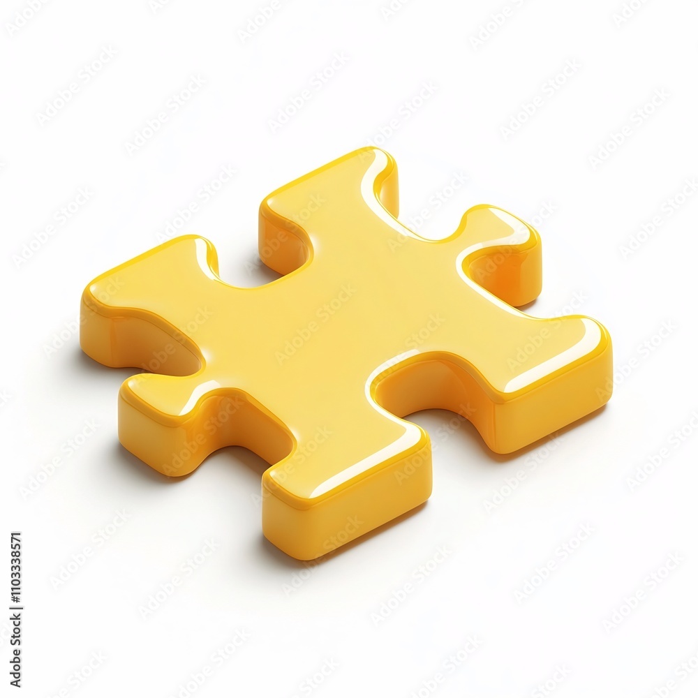 Closeup Isometric Glossy Yellow Jigsaw Puzzle Piece in Minimalist Style Closeup Isometric Glossy Yellow Jigsaw Puzzle Piece in Minimalist Style
