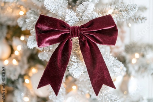 Christmas bow. Christmas background with lights and ornaments