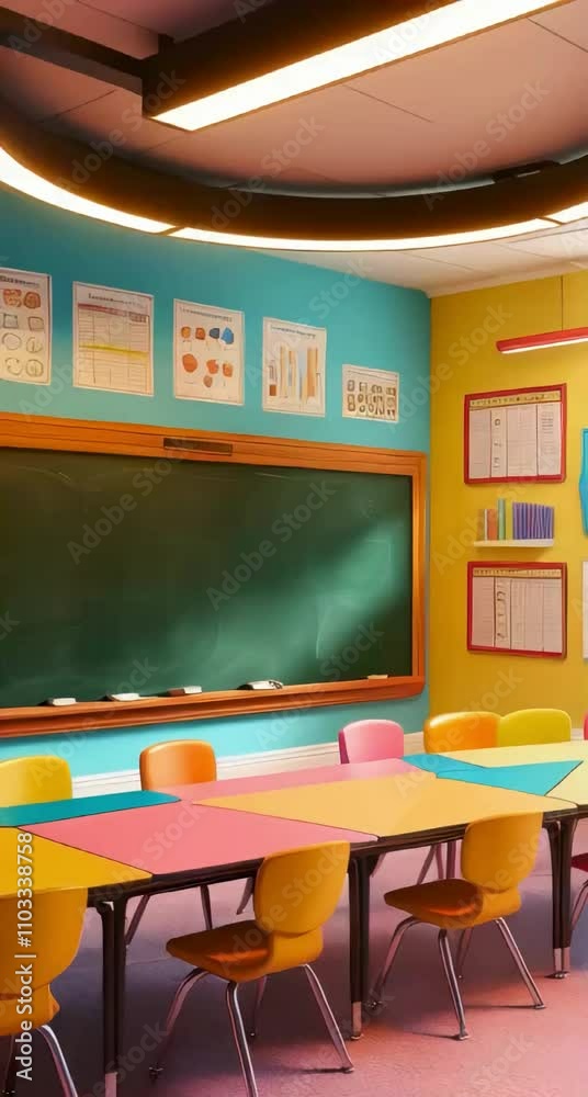 a highly detailed 3D render of a vibrant classroom wall featuring a traditional blackboard and a brightly colored wall adorned with educational charts and diagrams