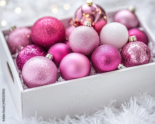 Christmas decoration. Pink and silver colored christmas baubles on pink background.