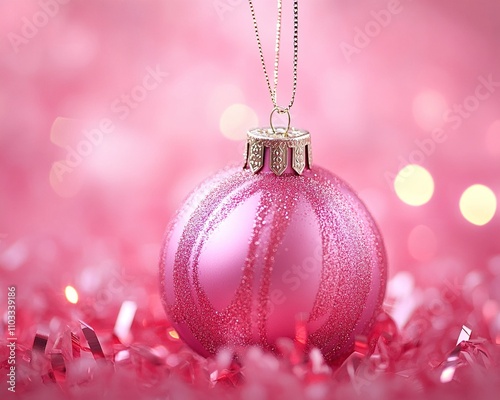 Christmas decoration. Pink and silver colored christmas baubles on pink background.