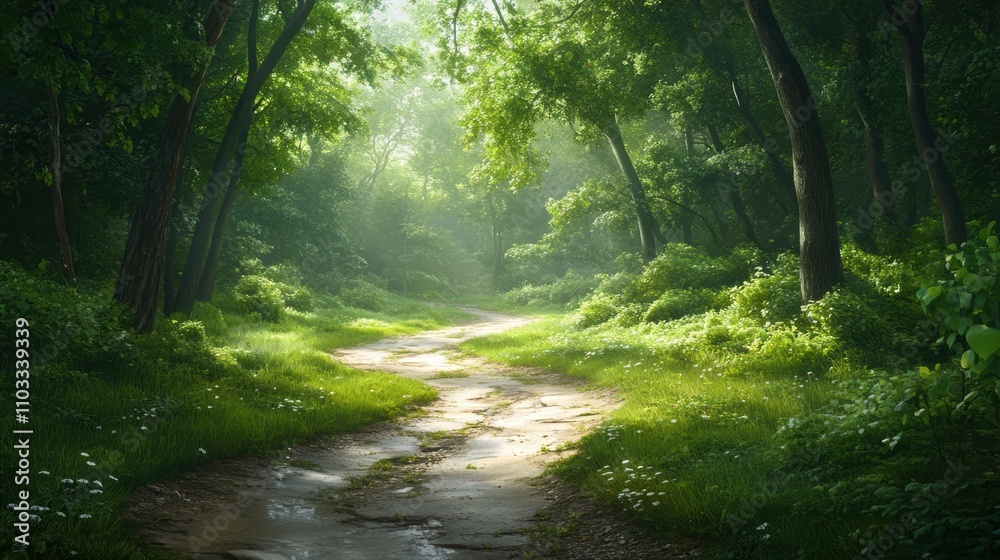 Fototapeta premium A serene forest path bathed in soft sunlight, surrounded by lush greenery, Ideal for nature-related projects, relaxation themes, or promoting outdoor activities