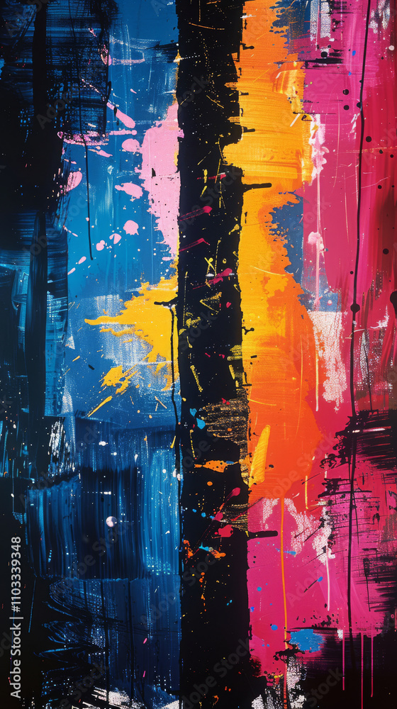 Fototapeta premium Dynamic abstract artwork with vibrant pink, blue, and yellow splashes, bold textured design, and modern artistic expression.
