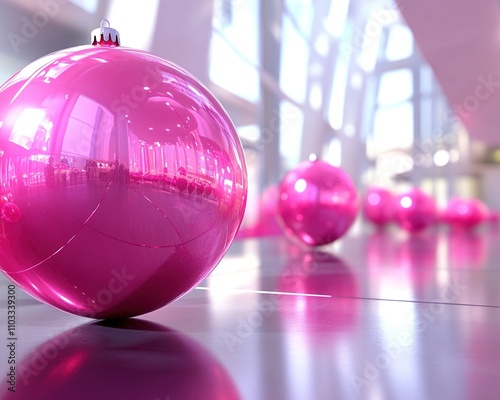 Christmas decoration. Pink and silver colored christmas baubles on pink background.