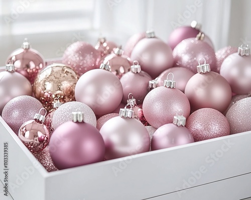 Christmas decoration. Pink and silver colored christmas baubles on pink background.