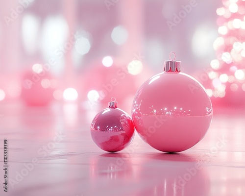 Christmas decoration. Pink and silver colored christmas baubles on pink background.
