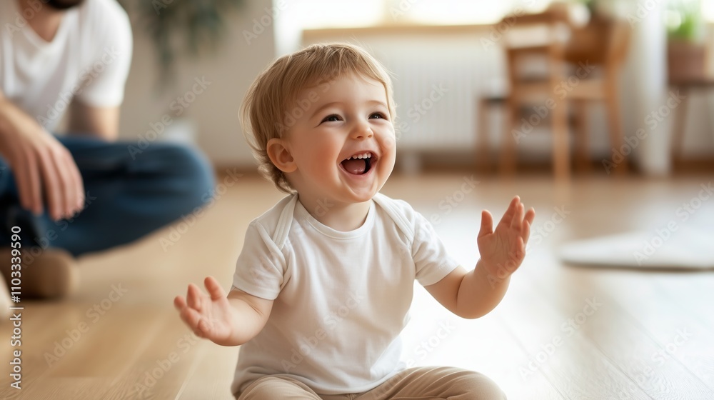 Happy toddler smiles while playing on the floor in a cozy living room with a parent nearby during daytime Happy toddler smiles while playing on the floor in a cozy living room with a parent nearby during daytime