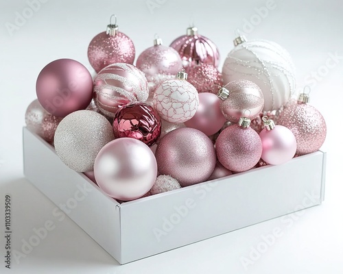 Christmas decoration. Pink and silver colored christmas baubles on pink background.
