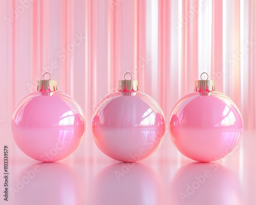 Christmas decoration. Pink and silver colored christmas baubles on pink background.