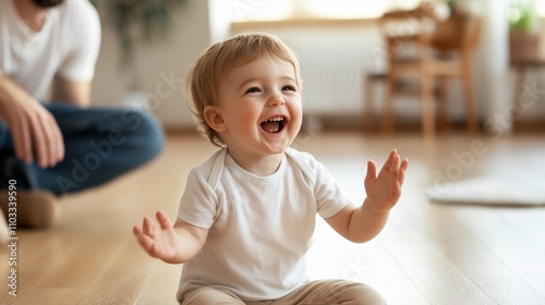 Happy toddler smiles while playing on the floor in a cozy living room with a parent nearby during daytime