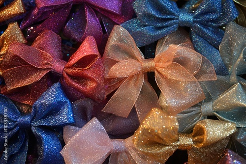 Christmas bow. Christmas background with lights and ornaments