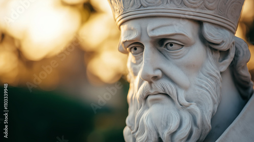 Close-up of St. Patrick statue with detailed facial features and warm golden sunset in background, Irish heritage and traditions, St. Patrick’s Day and March 17th celebrations