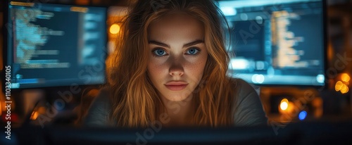 focused female software developer deeply immersed in coding at her dualmonitor desk illuminated by soft desk lights showcasing a modern workspace with scattered tech gadgets and a cozy aesthetic photo