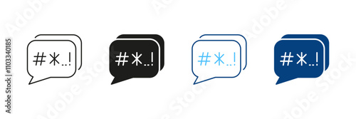 Swear And Argue Line and Silhouette Icon Set. Customer Complain. Cyberbullying Symbol. Speech Bubble With Censored Bad Words Pictogram. Editable Stroke. Isolated Vector Illustration