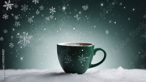 dark green mug with snowflakes on white background