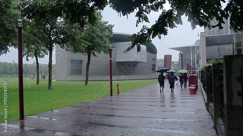 Summer rain near the Van Gogh Museum of Amsterdam. Holland.
