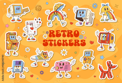 Retro groovy hippie stickers pack of cartoon psychedelic rainbow, play cards and vomiting emoji characters. Vector vintage groovy computer, game console, tv and radio, arcade game machine and sneakers