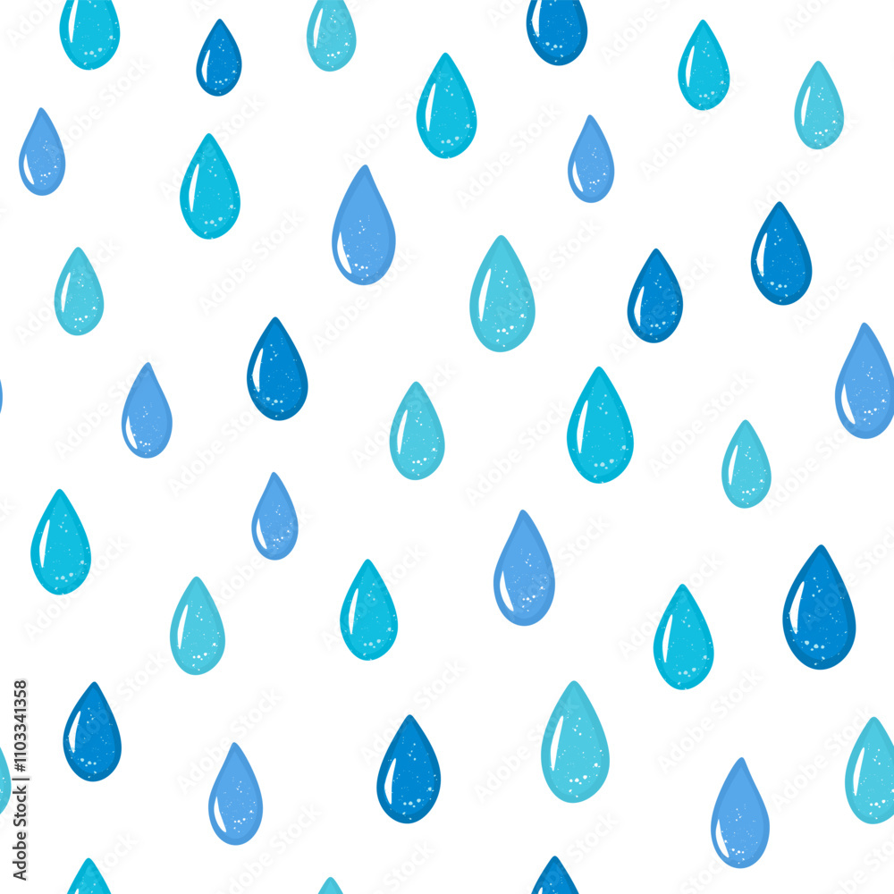 Vector illustration. Seamless pattern of volumetric blue raindrops on a white background. Print on textiles, fabric design, packaging, wrapping paper, children's wallpaper Vector illustration. Seamless pattern of volumetric blue raindrops on a white background. Print on textiles, fabric design, packaging, wrapping paper, children's wallpaper