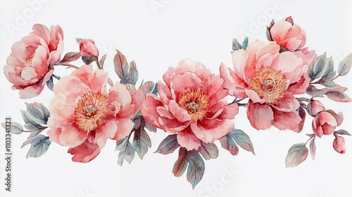 peony themed frame or border for photos and text. watercolor illustration, Perfect for nursery art, simple clipart, single object, white color background. for design card, postcard, textile, flyer.

