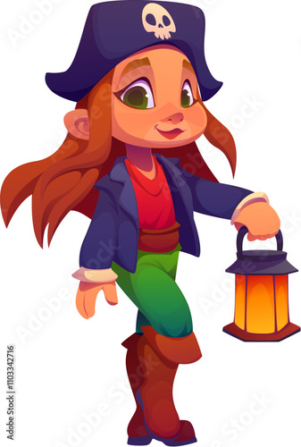Cartoon kid girl pirate character with candle lantern. Isolated vector cheerful young child in corsair or rover party costume and cocked hat, showcasing adventure and playfulness, evokes joy and fun