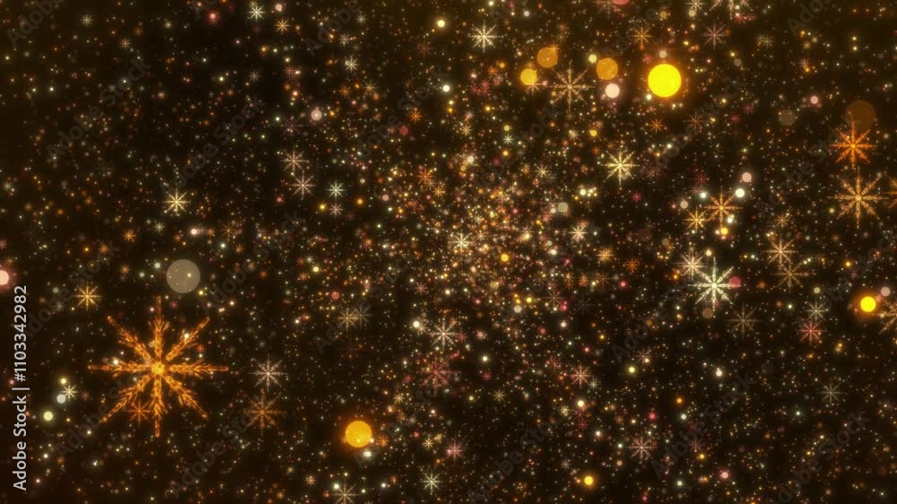 4K Glittering Gold Snowflake Background. Festive Winter Particles for Christmas and New Year 2025. 4K Glittering Gold Snowflake Background. Festive Winter Particles for Christmas and New Year 2025.