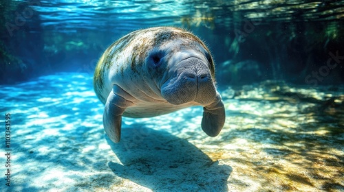 Portrait of a West Indian manatee or Sea Cow (Trichechus manatus), Crystal River, Three Sisters Spring, Florida photo